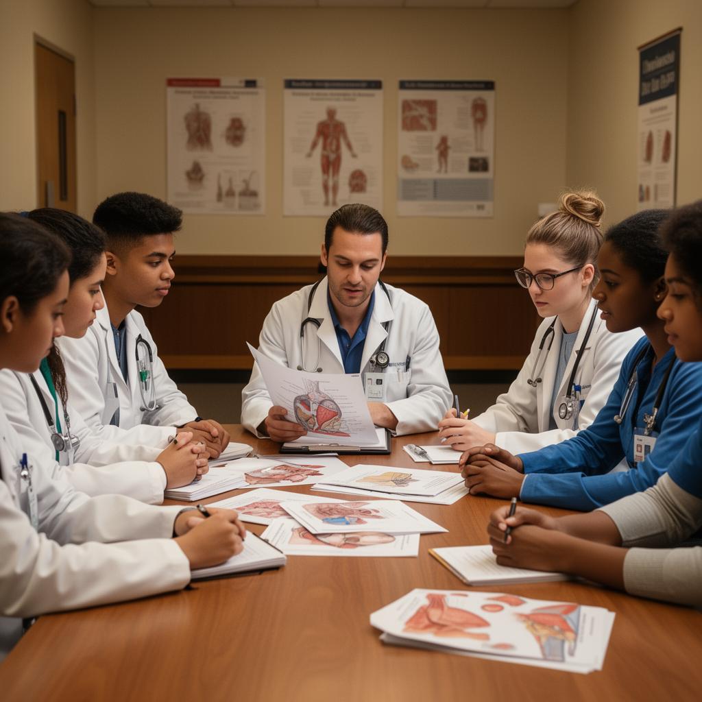 Medical students reviewing anatomy materials with a mentor in an American medical school